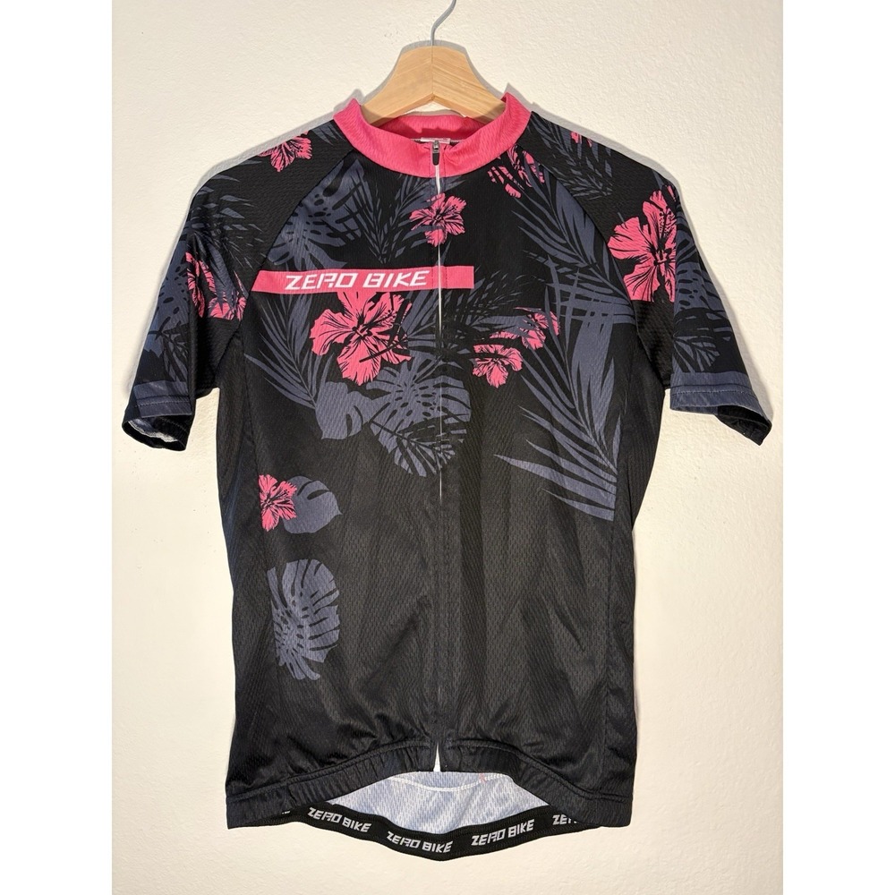 Zero Bike Womens Cycling Top Zip Up Short Sleeve Black/Pink Sz L Back Pocket